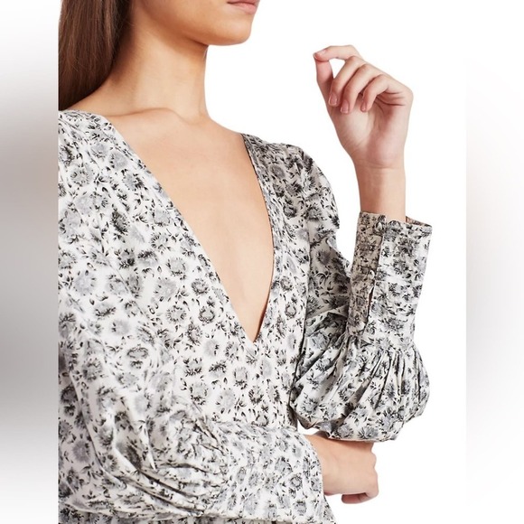 LoveShackFancy Paris Dandelion-Print Puff-Sleeve Mini A-Line Dress 2 Gray White - Picture 5 of 14